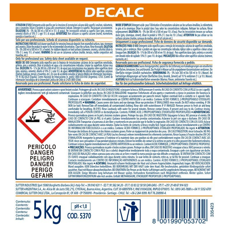 Decalc, Detergente , Higienizante Desincrustante Ácido 5 L. Decalc, Detergente , Higienizante Desincrustante Ácido 5 L.