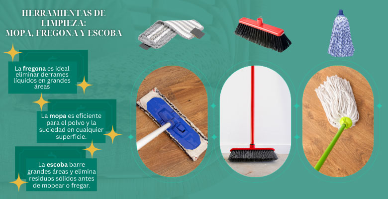 herramientas de limpieza: escoba, fregona y mopa
