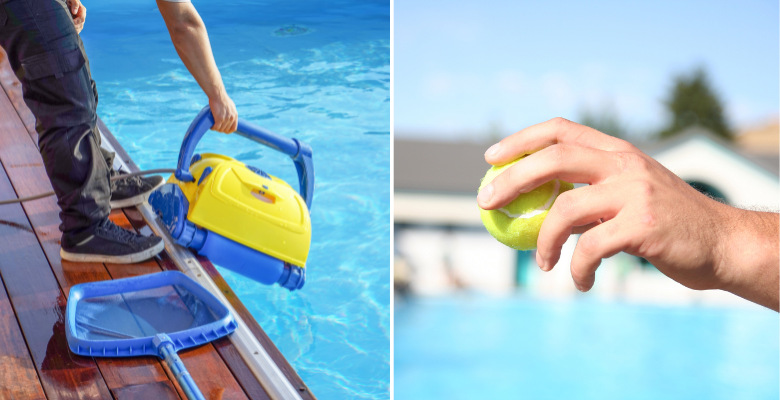 seguridad del uso de objetos caseros como pelotas de tenis en comparación con herramientas especializadas para la limpieza de la piscina.