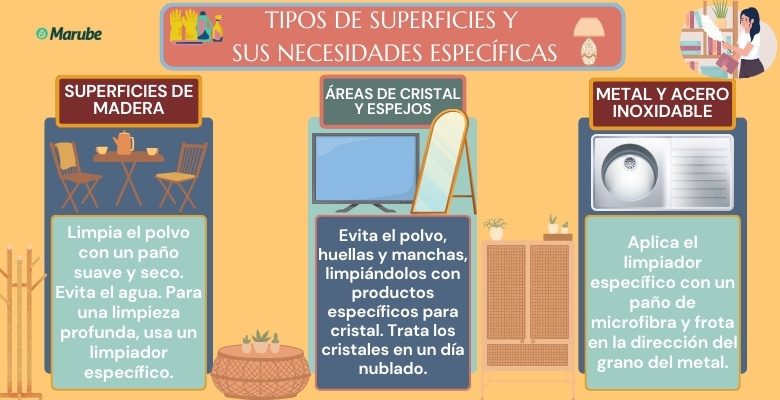 infografía con los tipos de superficies y sus necesidades de limpieza específicas