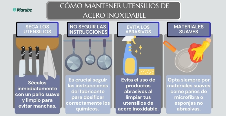 Infografía con consejos para mantener los utensilios de cocina de acero inoxidable en buen estado